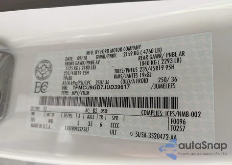 2018 Ford Escape Se z USA, uszkodzony, nr VIN 1FMCU9GD7JUD39617